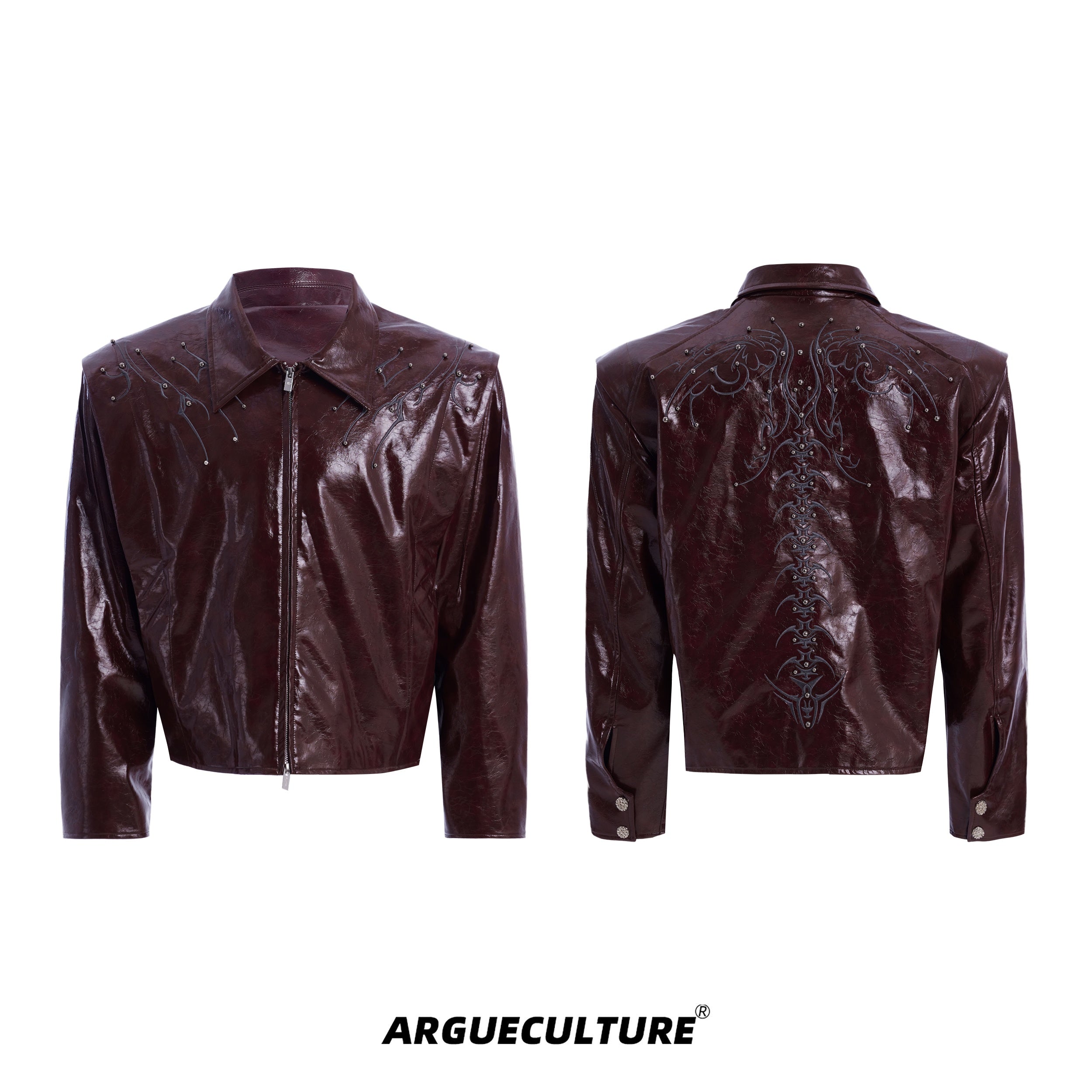 Spiked-Stud-Embossed-Leather-Jacket---Glossy-Streetwear-Biker-Coat-Red