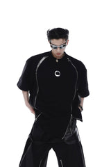 Streetwear-Cotton-Tee---Double-Zip-Shoulder-Pads---Metallic-Print-Black