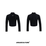 Streetwear-Cropped-Long-Sleeve-T-Shirt---Metallic-Trim-Mock-Neck-Top-Black