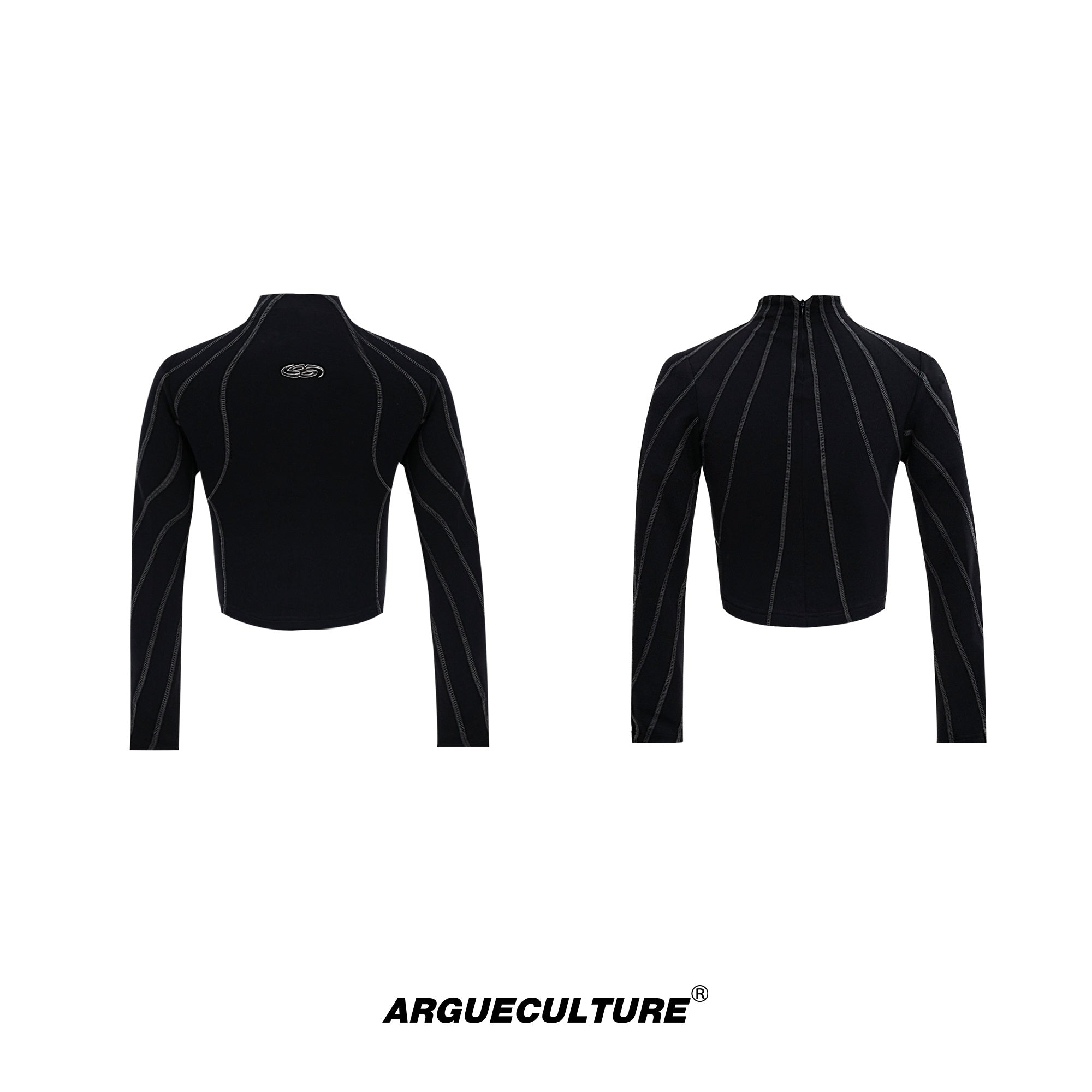 Streetwear-Cropped-Long-Sleeve-T-Shirt---Metallic-Trim-Mock-Neck-Top-Black