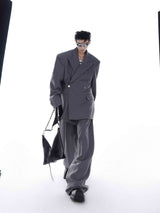 Streetwear-Gray-Shoulder-Pad-Suit-Set---Loose-Fit-Pants-Metal-Detail-Gray-Suit Set