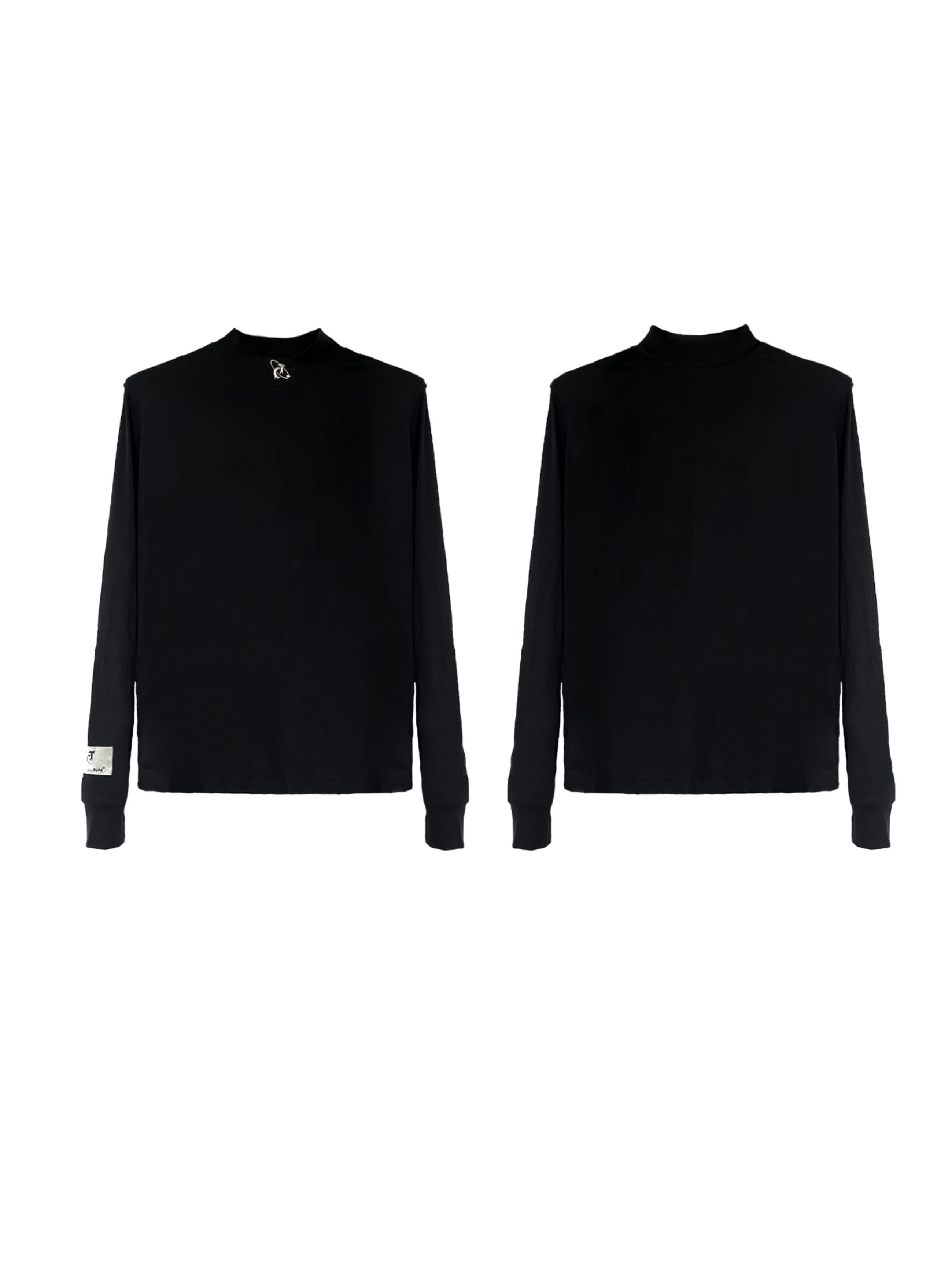 Streetwear-High-Neck-Padded-Shoulder-Tee---Metallic-Print-Loose-Fit-Black