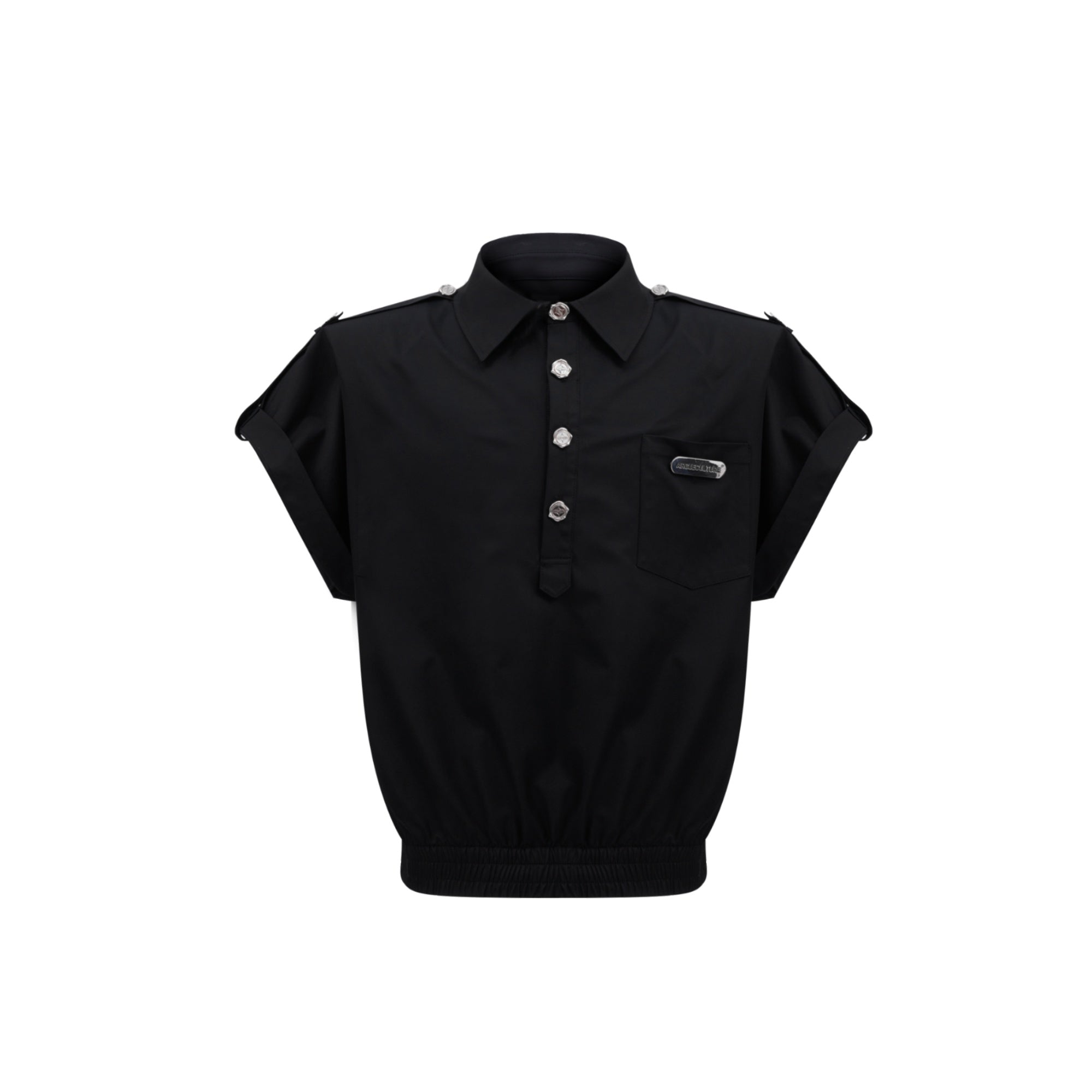 Streetwear-Metal-Button-Polo-Shirt-with-Structured-Shoulder-Black