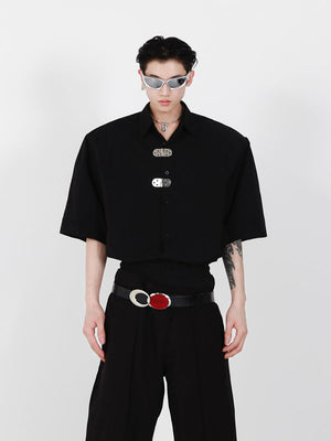 Streetwear-Metal-Button-Shoulder-Pad-White-Shirt---Unisex-Minimalist-Black
