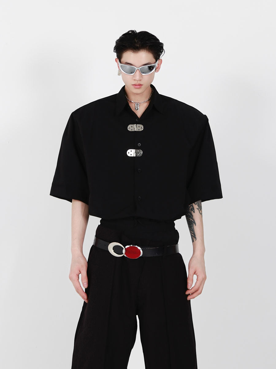 Streetwear-Metal-Button-Shoulder-Pad-White-Shirt---Unisex-Minimalist-Black