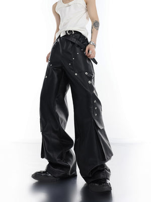 Streetwear-PU-Pants---Black-Straight-leg-with-Metal-Studs-Black