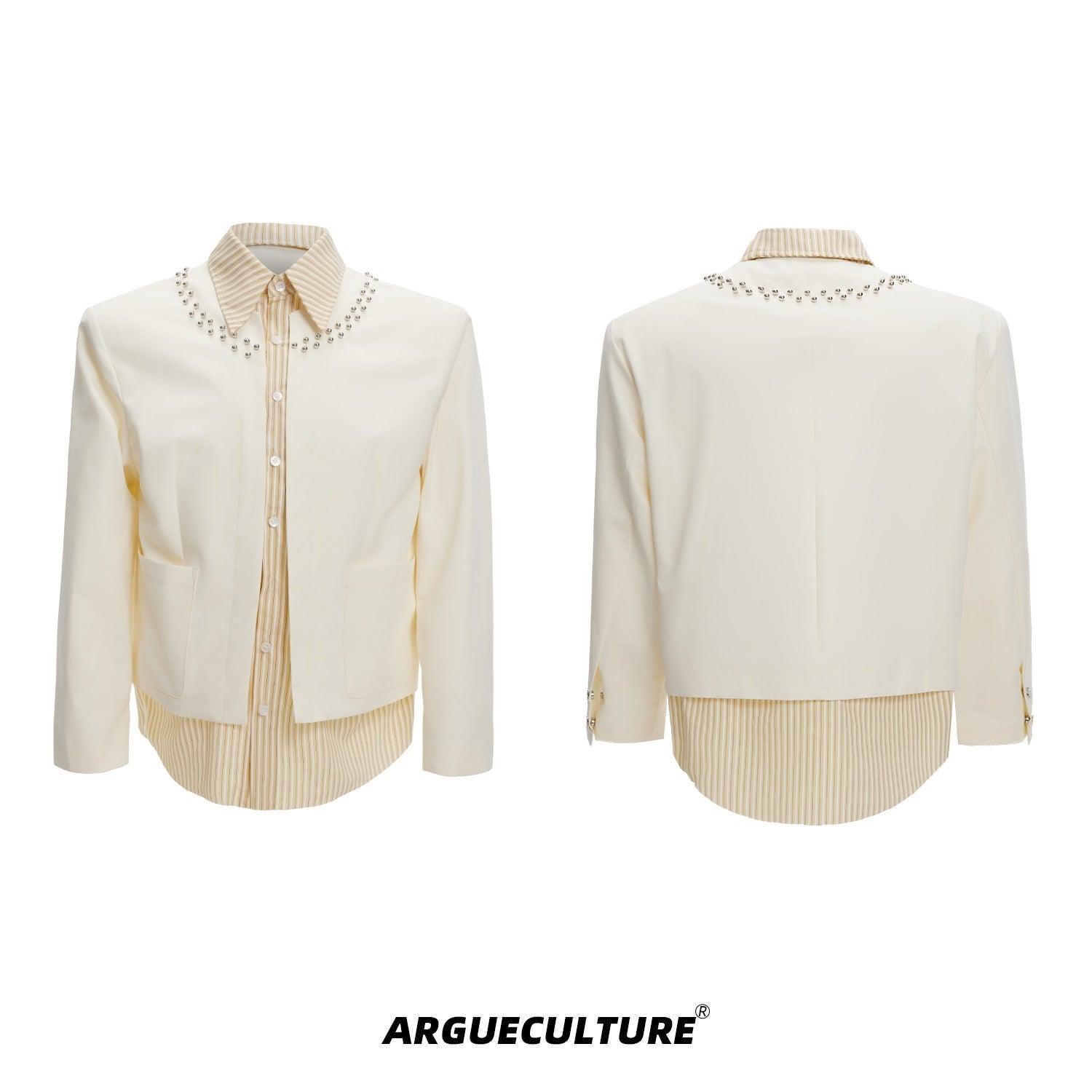 Streetwear-Striped-Shirt-with-Metal-Studs---Slim-Fit-Layered-Top-White-shirt