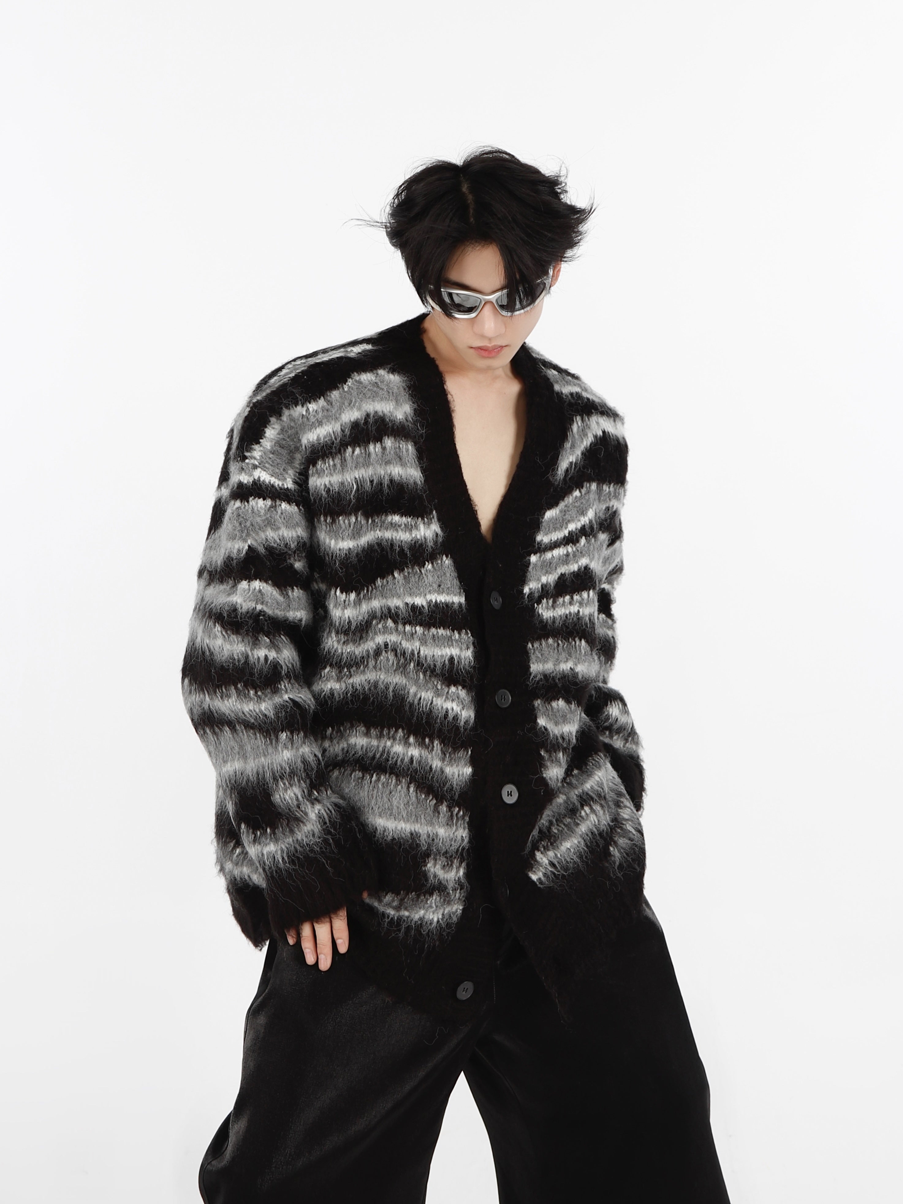Striped-Mohair-Cardigan---Oversized-V-Neck-Knit-Sweater-Unisex-Black-and-White-(Built-In Scarf)