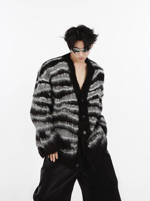 Striped-Mohair-Cardigan---Oversized-V-Neck-Knit-Sweater-Unisex-Black-and-White-(Built-In Scarf)