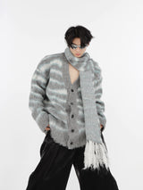 Striped-Mohair-Cardigan---Oversized-V-Neck-Knit-Sweater-Unisex-Gray-and-Blue-(Built-In Scarf)