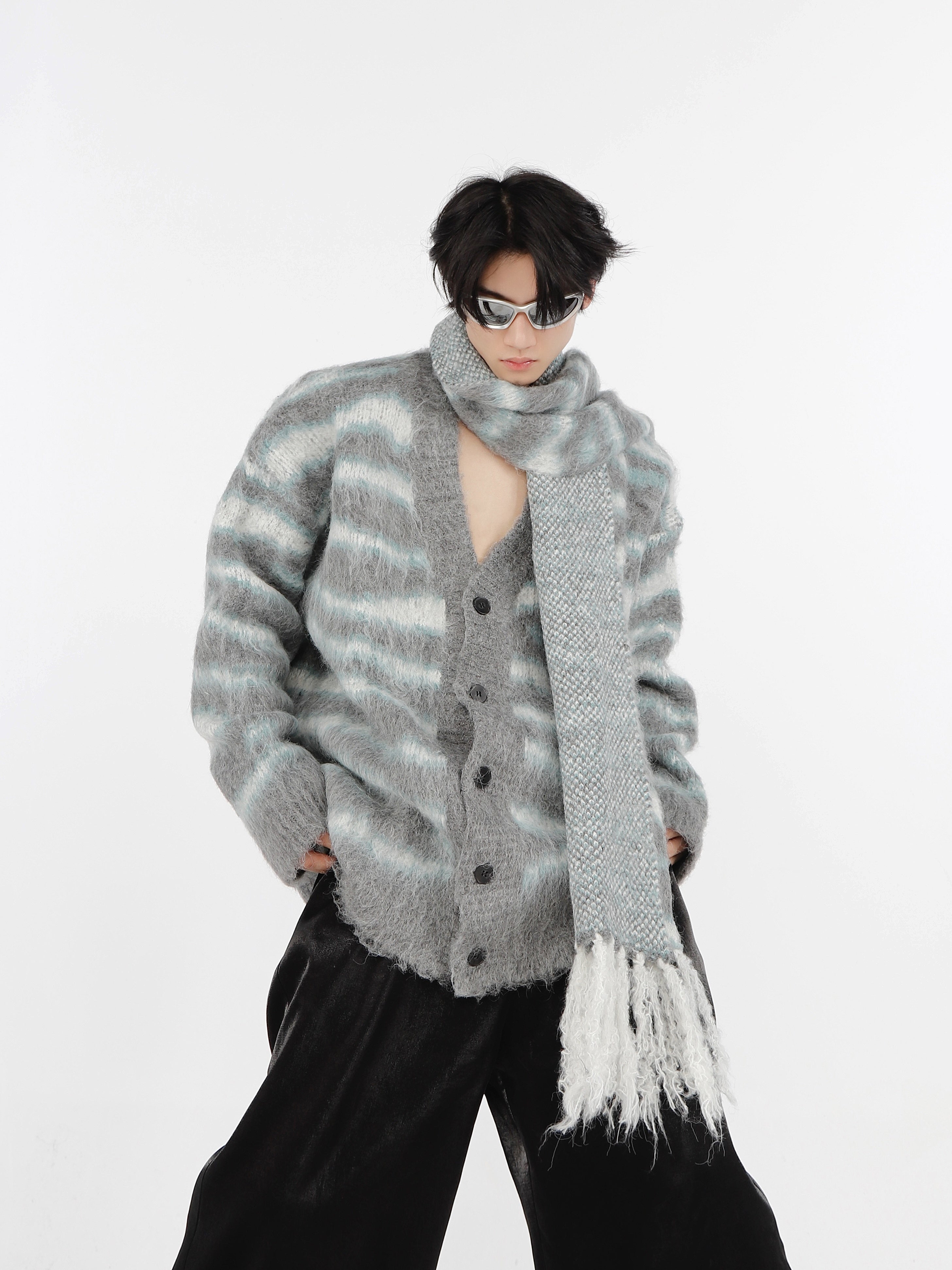 Striped-Mohair-Cardigan---Oversized-V-Neck-Knit-Sweater-Unisex-Gray-and-Blue-(Built-In Scarf)