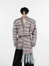 Striped-Mohair-Cardigan---Oversized-V-Neck-Knit-Sweater-Unisex-Gray-and-Pink-(Built-In Scarf)