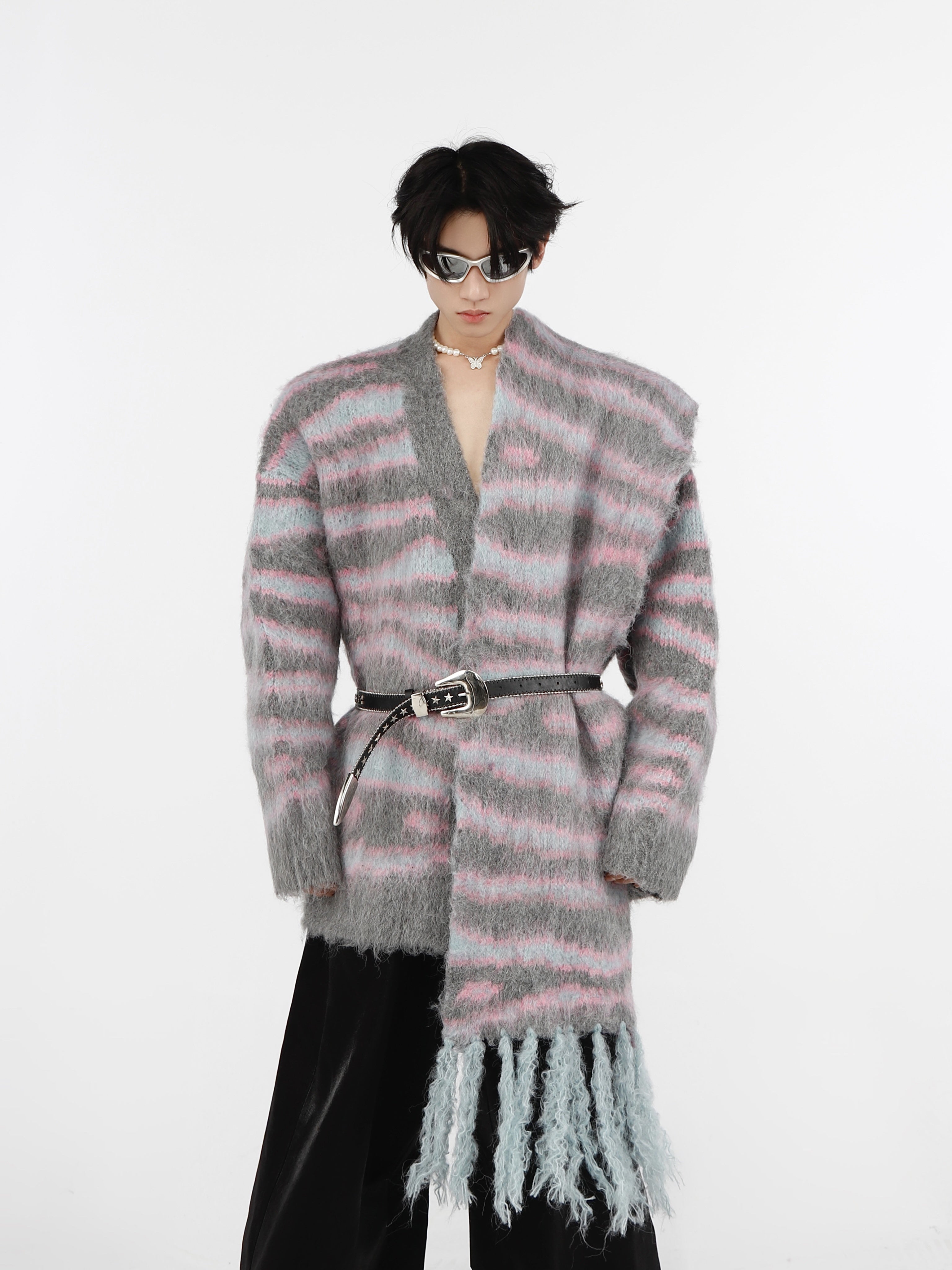 Striped-Mohair-Cardigan---Oversized-V-Neck-Knit-Sweater-Unisex-Gray-and-Pink-(Built-In Scarf)
