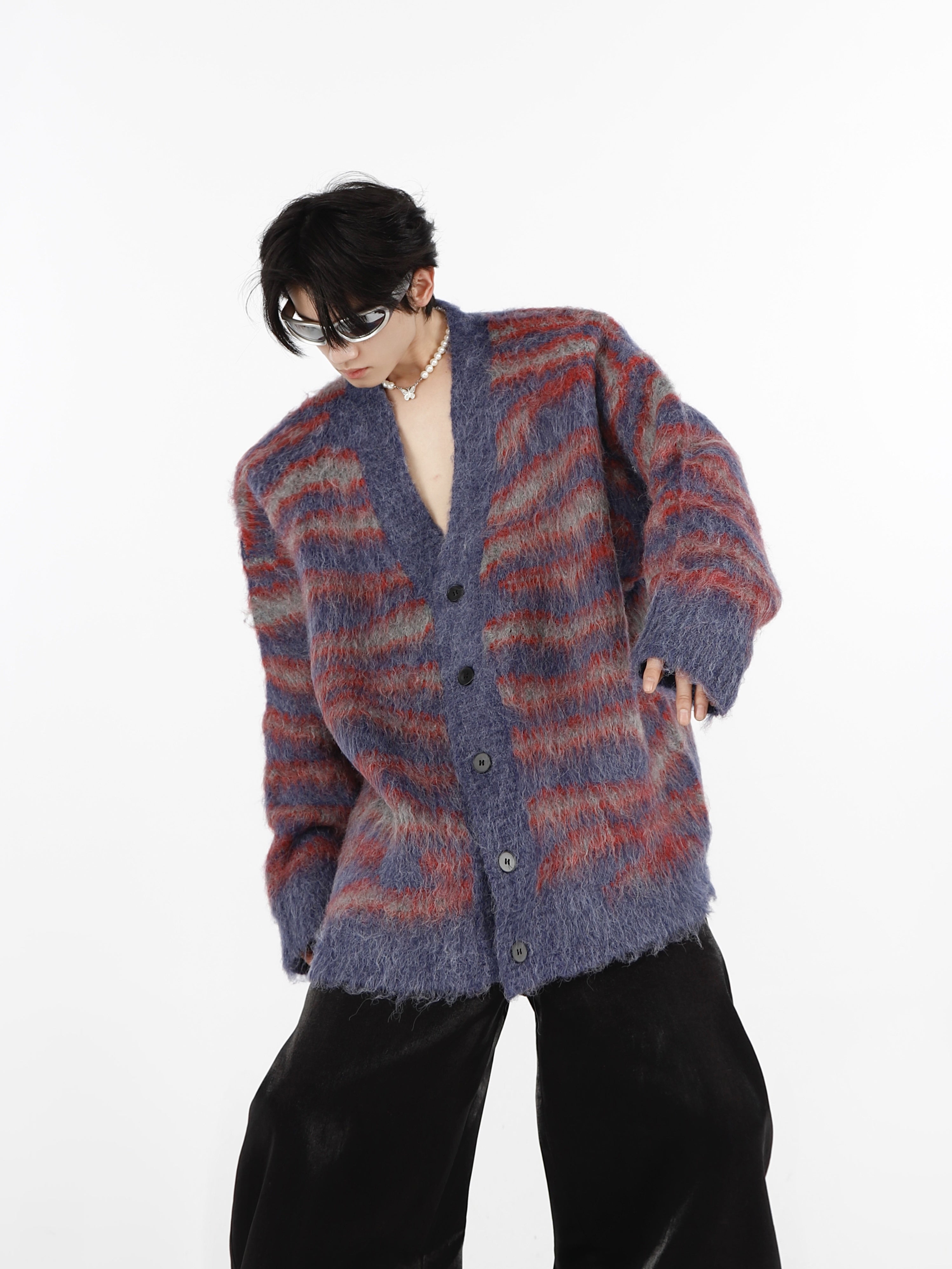 Striped-Mohair-Cardigan---Oversized-V-Neck-Knit-Sweater-Unisex-Red-and-Blue-(Built-In Scarf)