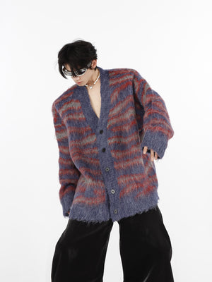 Striped-Mohair-Cardigan---Oversized-V-Neck-Knit-Sweater-Unisex-Red-and-Blue-(Built-In Scarf)