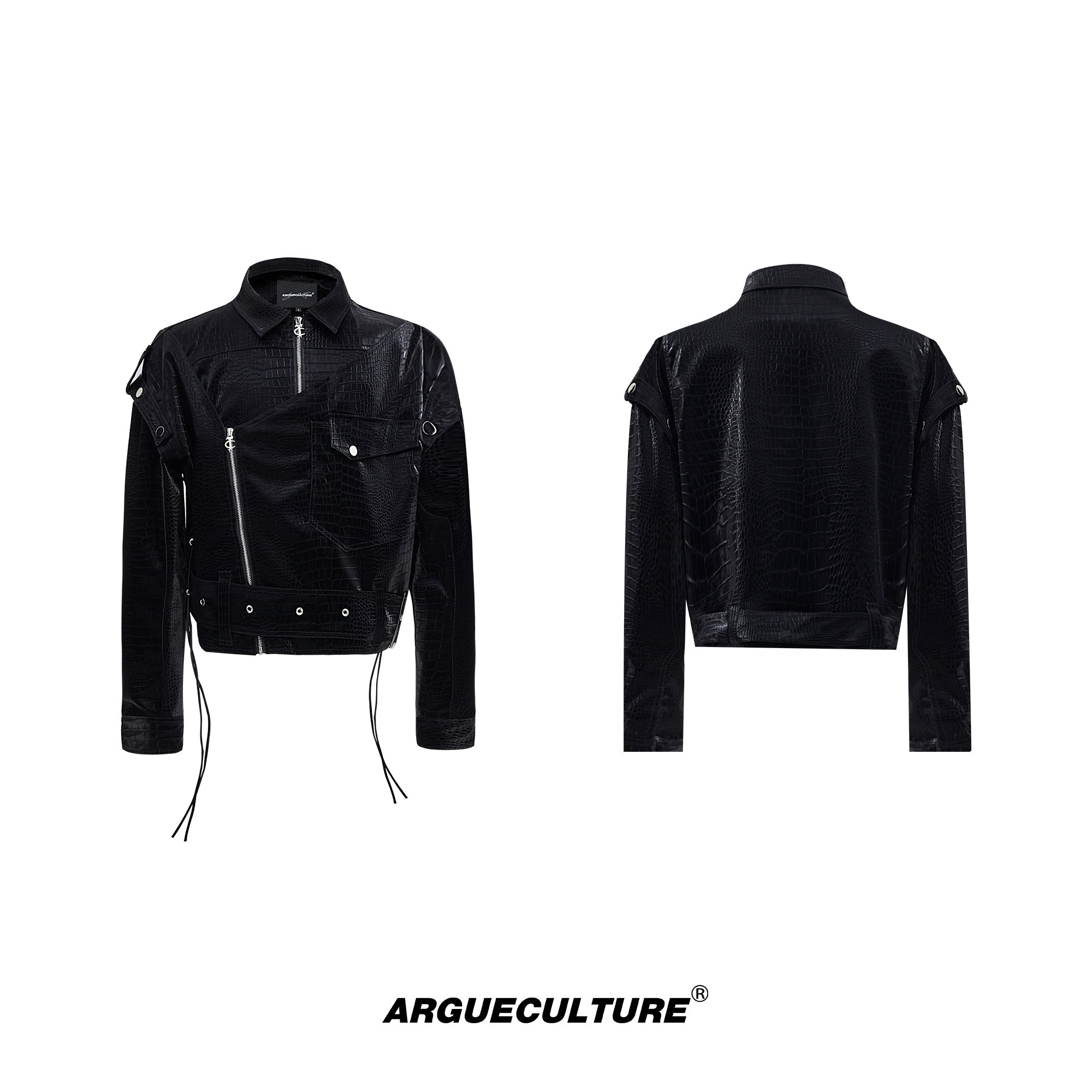 Structured-Croc-Print-PU-Jacket---Glossy-Shoulder-Pad-Streetwear-Top-Black