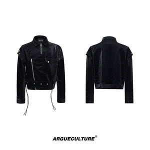 Structured-Croc-Print-PU-Jacket---Glossy-Shoulder-Pad-Streetwear-Top-Black