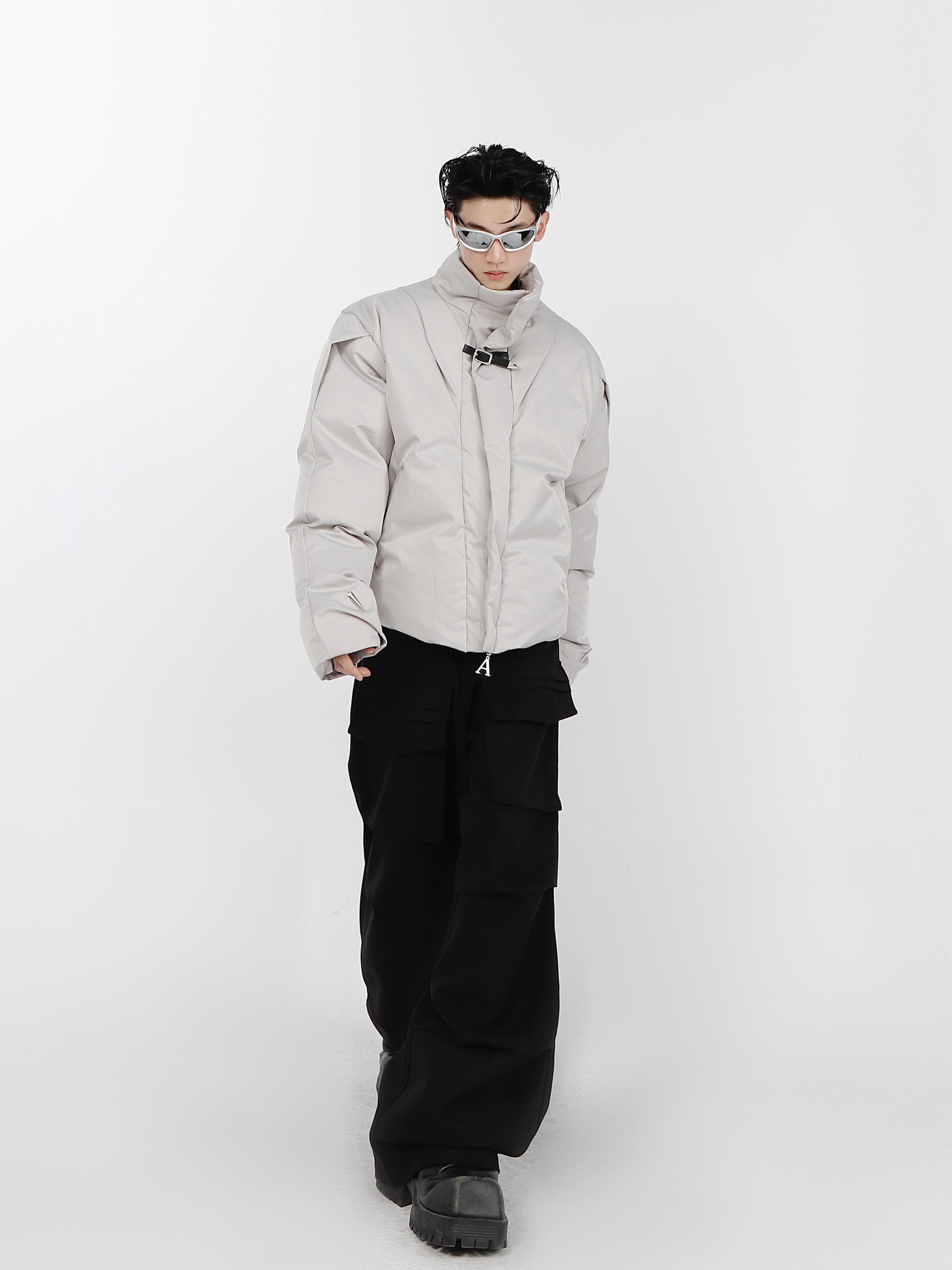 Structured-Stand-Collar-Cotton-Jacket---Minimalist-Streetwear---Metal-Accents-Gray