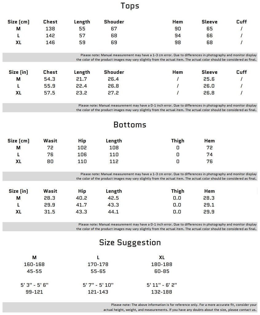 Size Chart for Casual Sports Fleece Lining Track Suit Modern Design