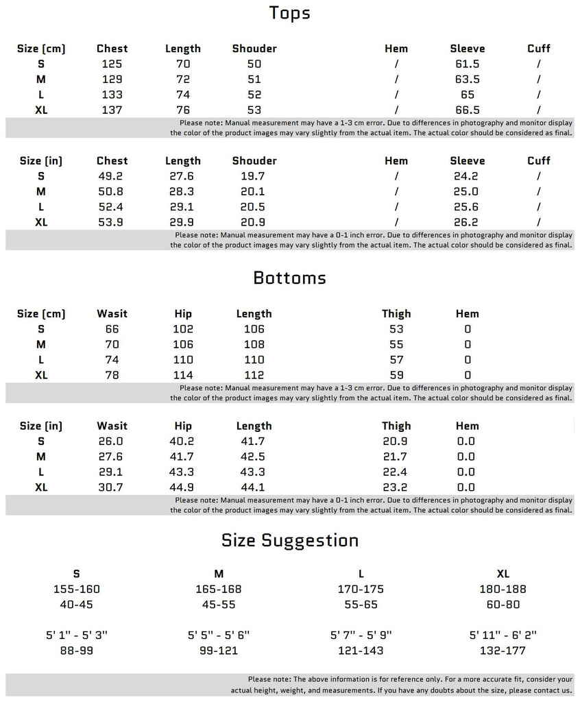 Size Chart for Asymmetric Design Joggers Set with Functional Zipper