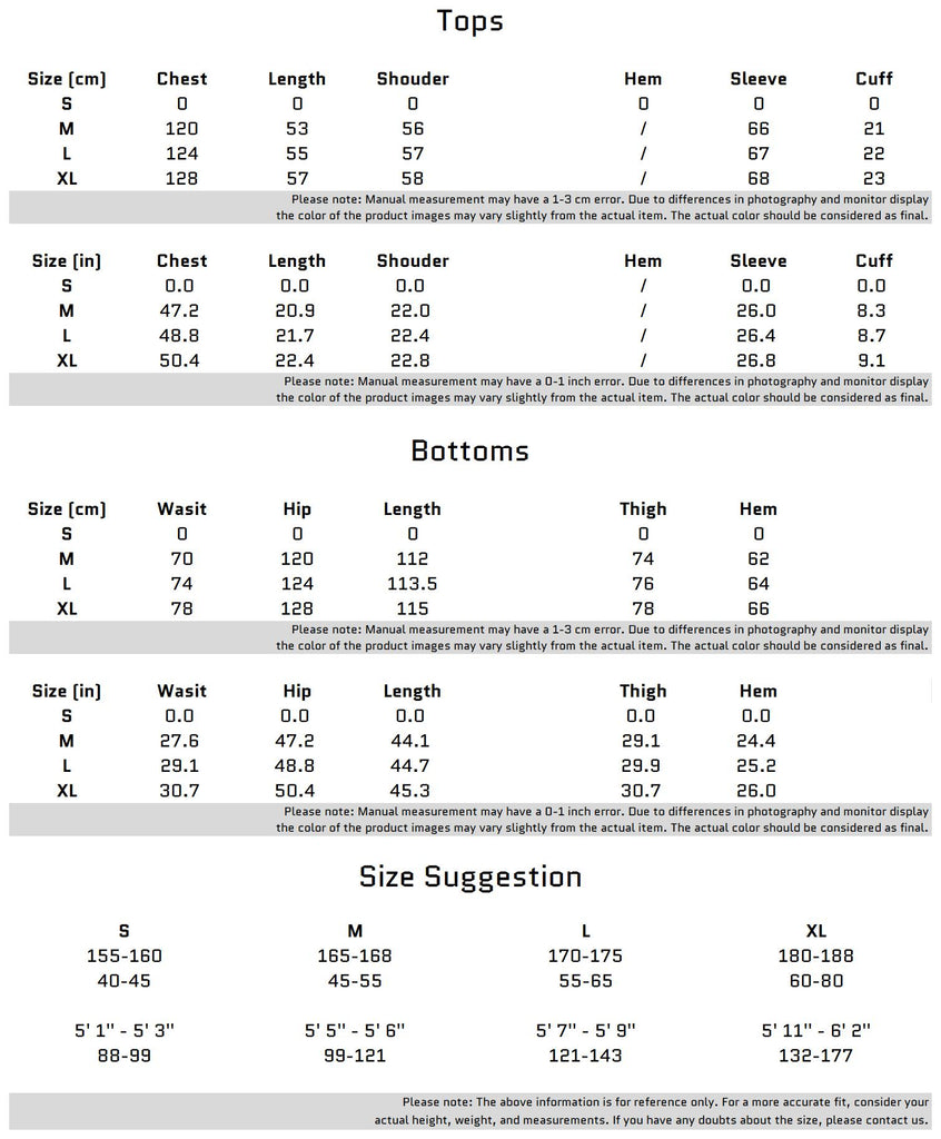 Size Chart for Starry Black Shimmer Hoodie Set for Trendy Streetwear