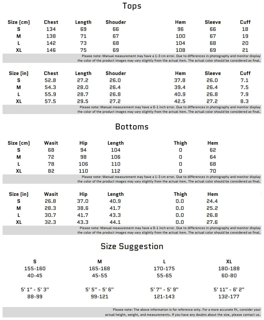 Size Chart for Faux Leather Patchwork Track Suit Urban Streetwear