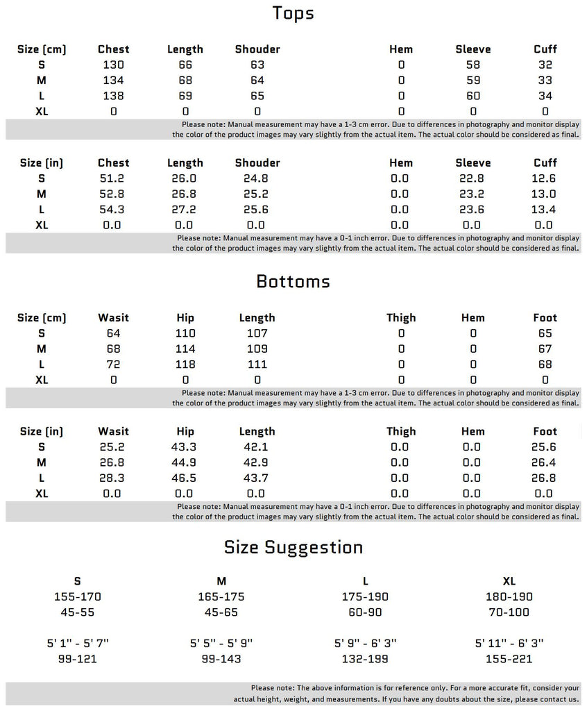 Size Chart for Deconstructed Ink-Splash Faux Two-Piece Jacket and Cargo Pants Set