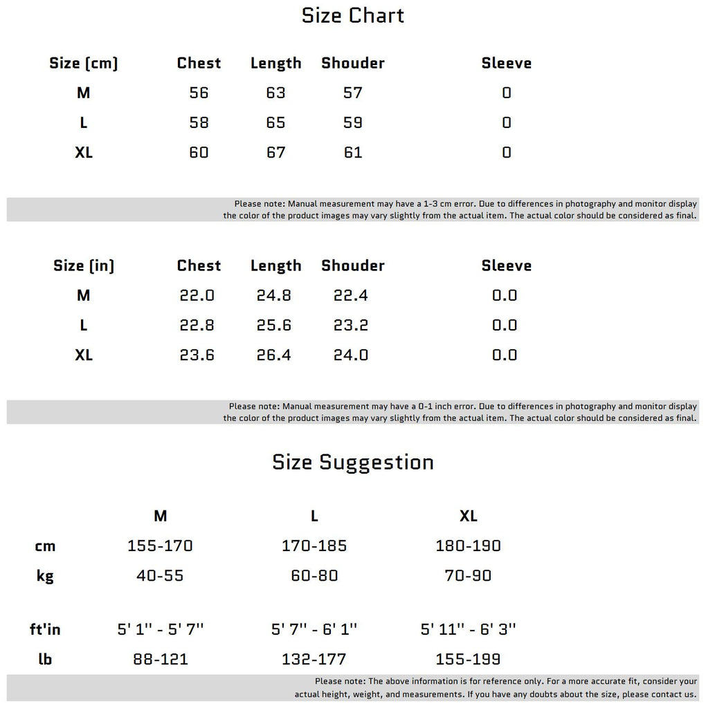 Size Chart for 수입 메탈릭 실과 합성 대마로 만들어진 민소매 티셔츠