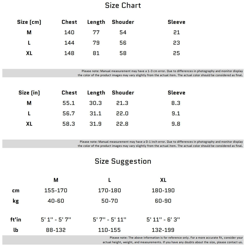 Size Chart for Short Sleeve Metal Zipper Shirt Modern Avant-Garde