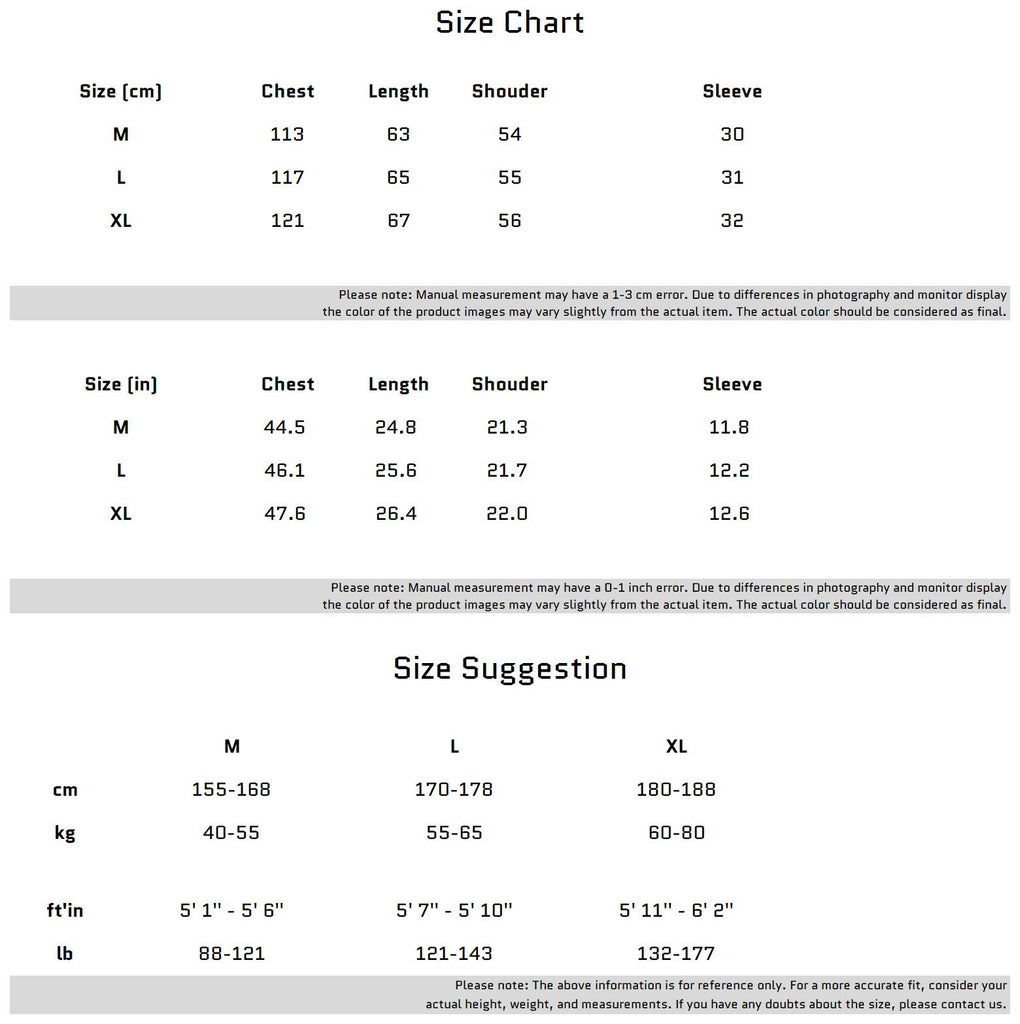 Size Chart for 메탈 지퍼와 맞춤 컷이 있는 만다린 칼라 티셔츠