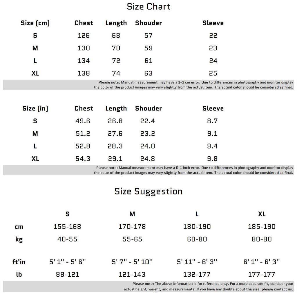 Size Chart for Metal Airplane Buckle Tee Removable Shoulder Pads