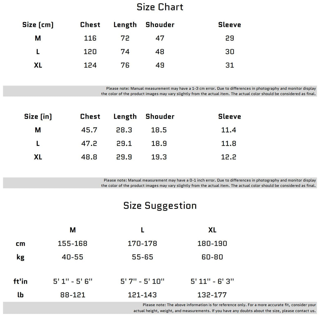 Size Chart for 시스루 메시 패널과 풍부한 금속 지퍼가 있는 면 티셔츠