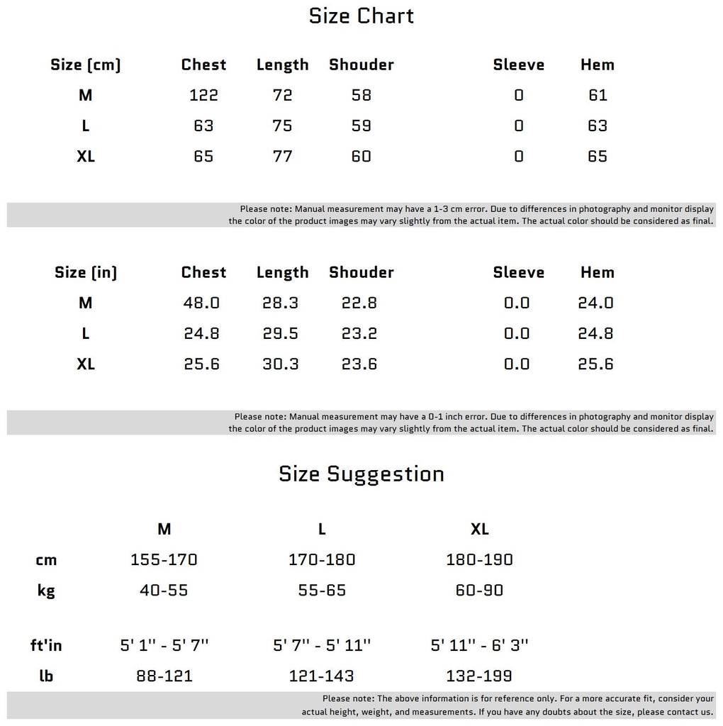 Size Chart for Baumwoll-T-Shirt mit einzigartigem Design und abnehmbaren Schulterpolstern