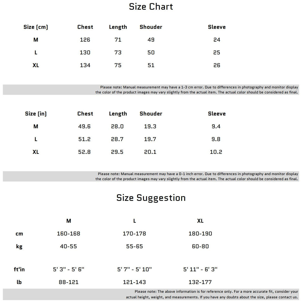 Size Chart for Short Sleeve T-shirt with Metallic Logo in White and Black Pants