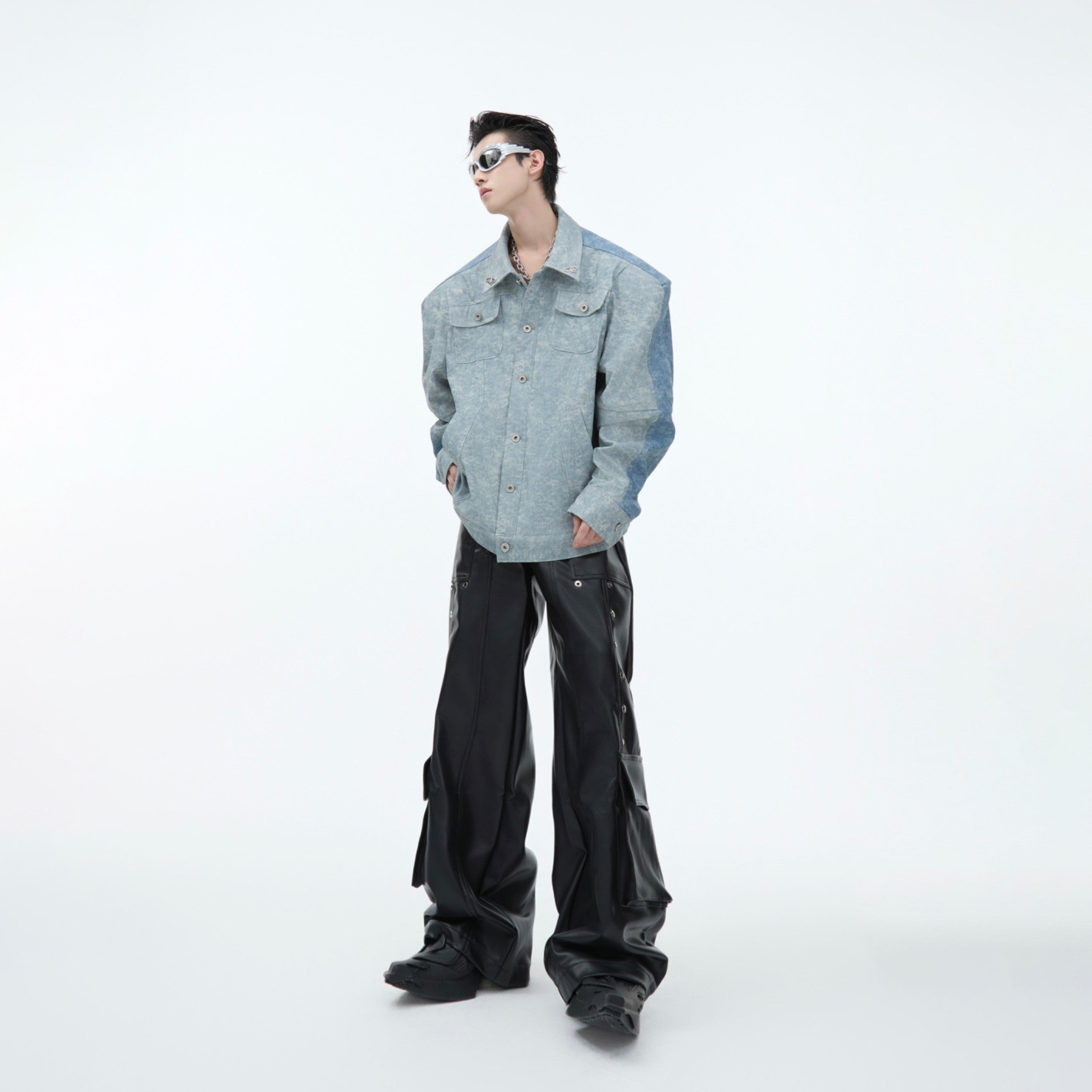 Textured-PU-Leather-Asymmetrical-Overshirt---Double-Sided-Design-Blue
