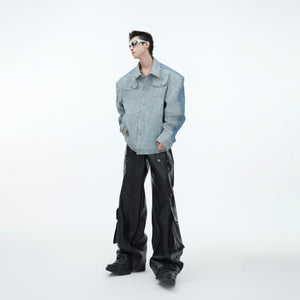 Textured-PU-Leather-Asymmetrical-Overshirt---Double-Sided-Design-Blue