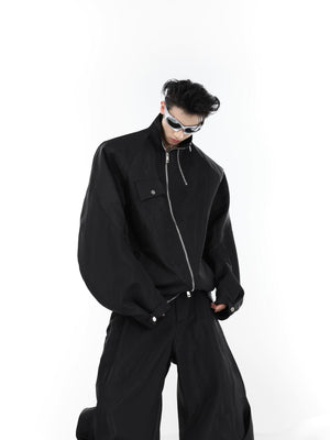 Urban-Street-Wrinkle-Detail-Windbreaker-Set---Metal-Zip-Jacket-Black-Top