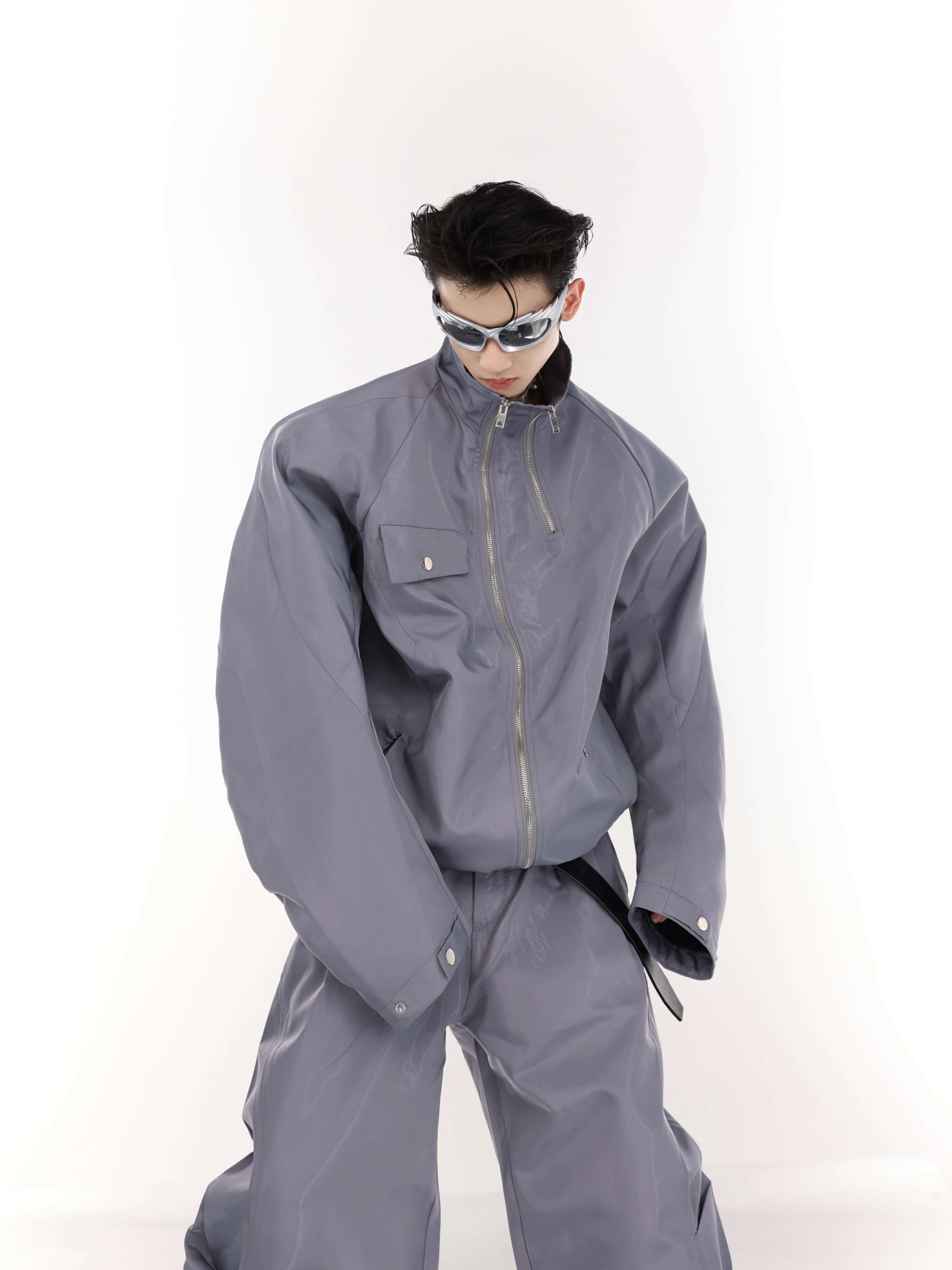 Urban-Street-Wrinkle-Detail-Windbreaker-Set---Metal-Zip-Jacket-Blue-and-Gray-Top
