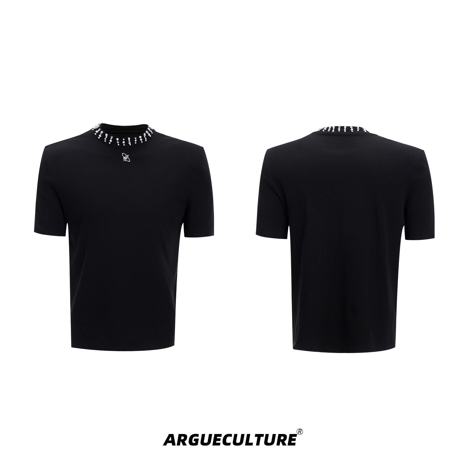 V-neck-Modal-Tee-with-Pearl-Diamond-Collar---Summer-Streetwear-Black-T-shirt