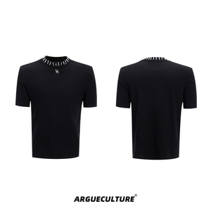 V-neck-Modal-Tee-with-Pearl-Diamond-Collar---Summer-Streetwear-Black-T-shirt
