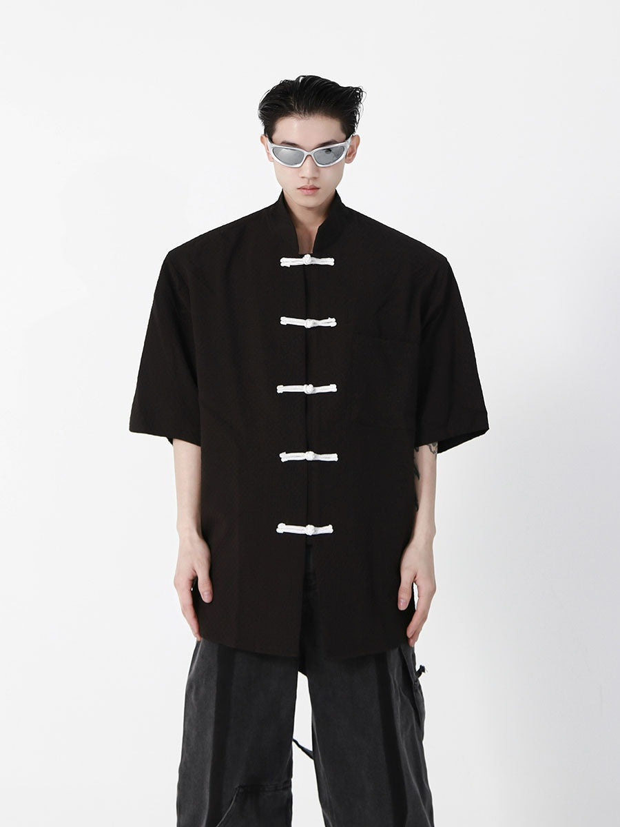 Vintage-Chinese-Button-Summer-Tee---Mandarin-Collar-Short-Sleeve-Top-Black