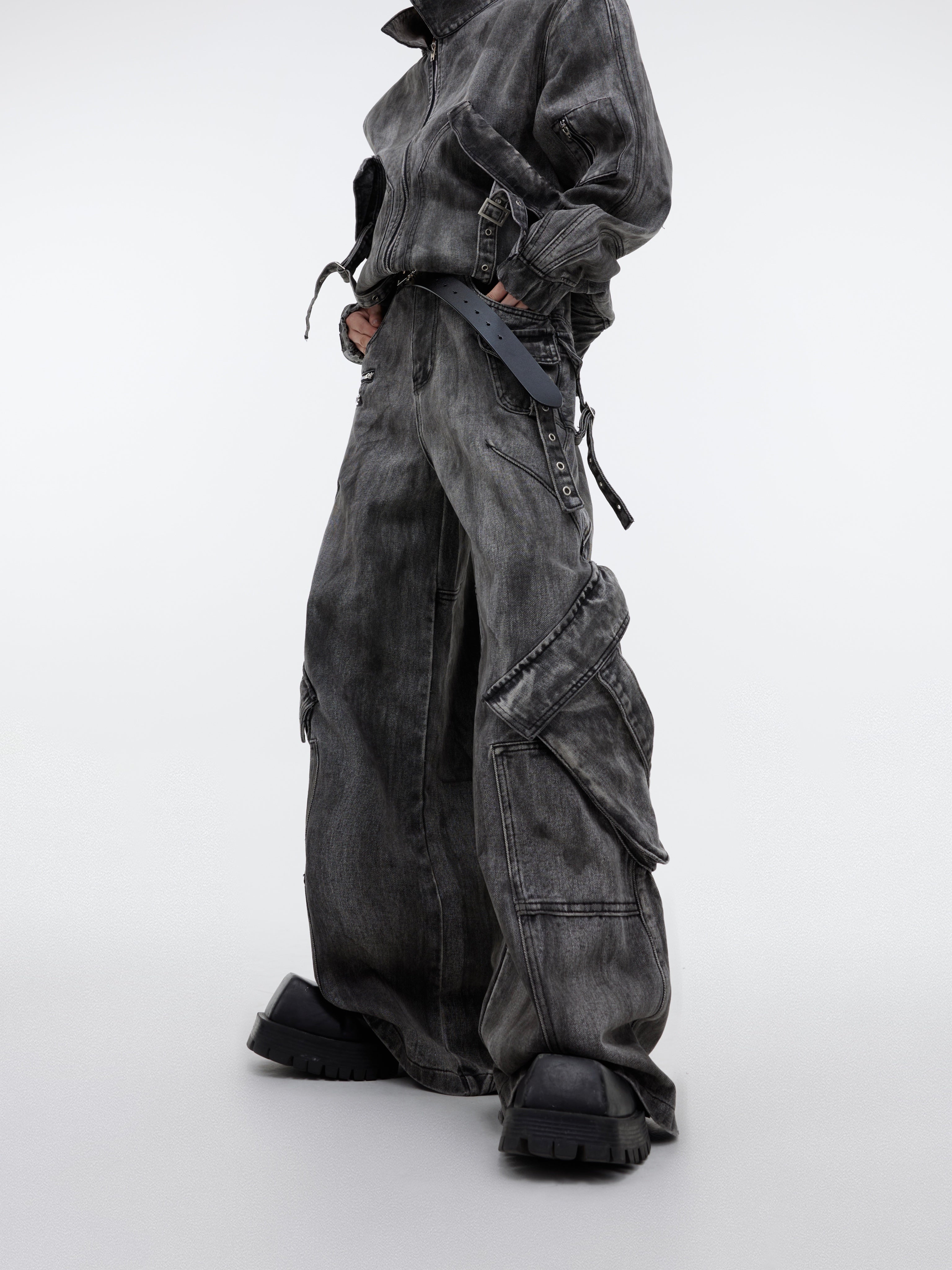 Vintage-Distressed-Denim-Set---Zip-Jacket--Cargo-Pants-Gray-Pants