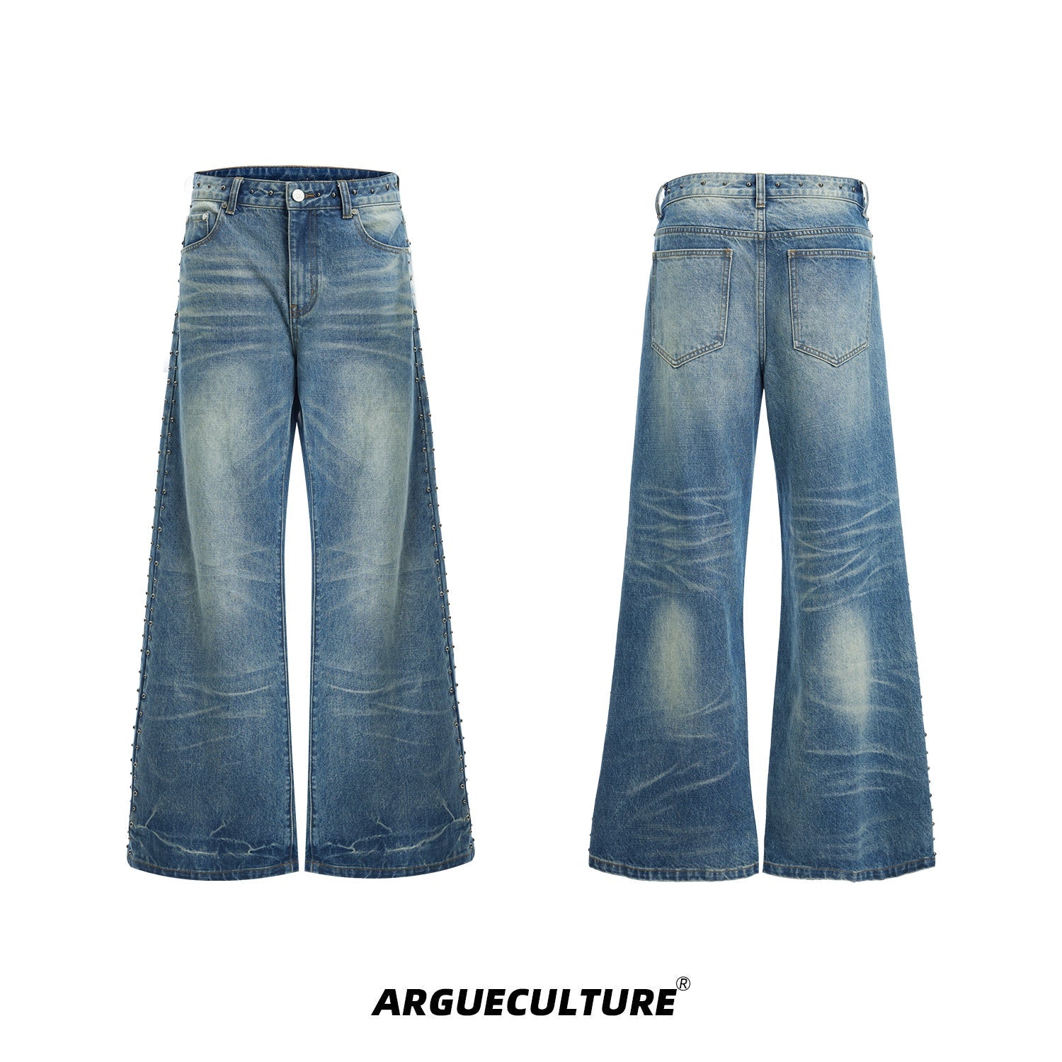 Vintage-Distressed-Straight-Flare-Jeans-with-Metal-Studs-Blue-Bottoms