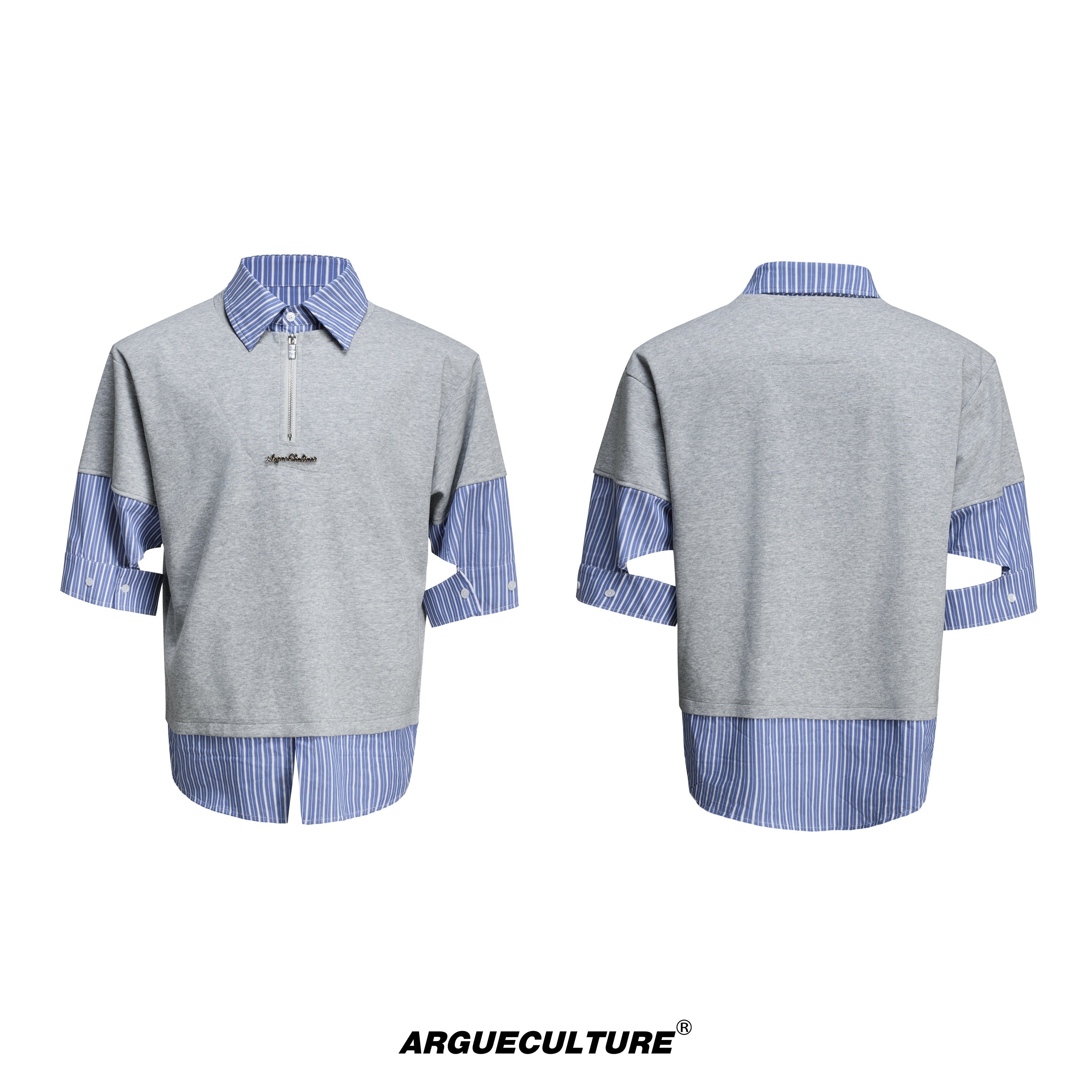 Vintage-Stripe-Shirt-Tee---Loose-Fit-Long-Sleeve-Top-Gray-(Short Sleeves)
