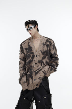 Vintage-V-Neck-Knit-Cardigan---Floral-Jacquard-Oversized-Sweater-Brown