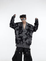Vintage-V-Neck-Knit-Cardigan---Floral-Jacquard-Oversized-Sweater-Gray