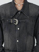 Vintage-Washed-Cropped-Denim-Jacket---Metal-Buckle-Streetwear-Gray