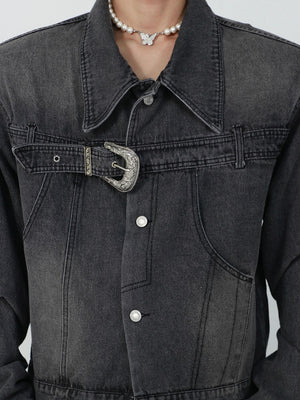 Vintage-Washed-Cropped-Denim-Jacket---Metal-Buckle-Streetwear-Gray