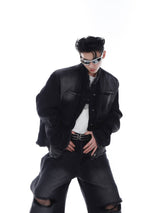 Vintage-Washed-Denim-Jacket---Cropped-Distressed-with-Padded-Shoulders-Black
