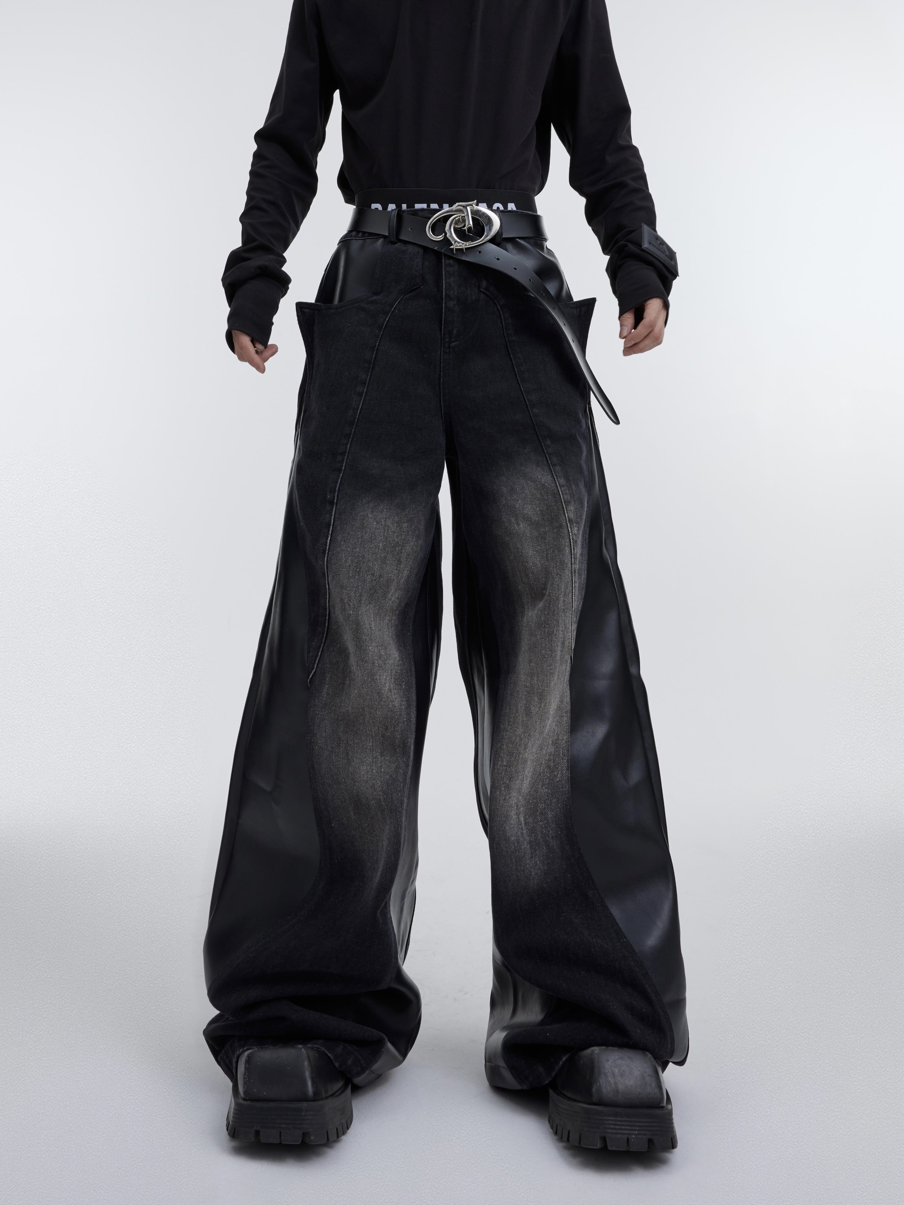 Vintage-Washed-Distressed-Denim-Jeans---Deconstructed-PU-Patchwork-Pants-Black